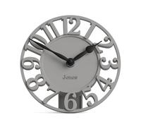 Jones Clocks® Ealing desk clock | Mini skeleton clock | Grey | Freestanding contemporary mantel clock with cut out numbers for shelf, table, mantel or bedside