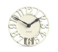 Jones Clocks® Ealing desk clock | Mini skeleton clock | Pale cream | Freestanding contemporary mantel clock with cut out numbers for shelf, table, mantel or bedside