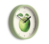 Jones Clocks® Fruit wall clock | Small round clock | 20cm | Green | Botanical illustrated apple artwork | Ideal for kitchen and dining rooms.