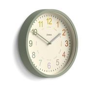 Jones Clocks® Kids wall clock | Modern children’s clock | 25cm | Sage green | Colourful dial for learning to tell the time | Ideal small size for children's bedrooms or nursery