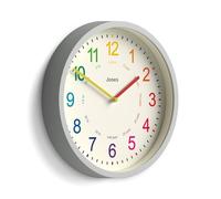 Jones Clocks® Kids wall clock | Small modern children’s nursery clock | 25cm | Grey | Colourful dial for learning to tell the time