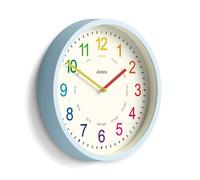 Jones Clocks® Kids wall clock | Small modern children’s nursery clock | 25cm | Pale blue | Colourful dial for learning to tell the time