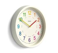 Jones Clocks® Kids wall clock | Small modern children’s nursery clock | 25cm | Pale cream | Colourful dial for learning to tell the time