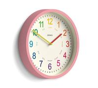 Jones Clocks® Kids wall clock | Small modern children’s nursery clock | 25cm | Pink | Colourful dial for learning to tell the time