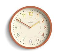 Jones Clocks® Kids wall clock | Small modern children’s nursery clock | 25cm | Terracotta Orange | Colourful dial for learning to tell the time