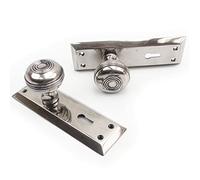 Jones & Grey Bellport New York Antique Nickel Solid Brass Round Knobs Door Handles on Backplate with Lock Keyhole