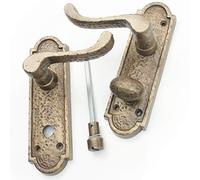 Jones & Grey Pair of Antique Brass Finish Cast Iron Hammered Scroll Lever Bathroom Door Handles on Back Plate
