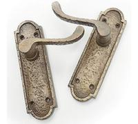 Jones & Grey Pair of Antique Brass Finish Cast Iron Hammered Scroll Lever Door Handles on Back Plate