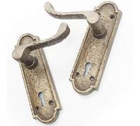 Jones & Grey Pair of Antique Brass Finish Cast Iron Hammered Scroll Lever Lock Door Handles on Back Plate