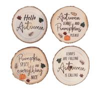 Jones Home & Gift Set of 4 Natural Log Slice Hello Autumn Design Wood Coasters | Wooden Drinks Coaster Set - Cup Mug Table Mats Dining Deco, Multicolor, 10cm x 10cm x 1.2cm