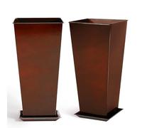 JonesHouseDeco Garden 71cm Square Tapered Large Planters set of 2Glossy Red Mirror Surface Imitation Ceramic Tall Front Door Planter Metal Fern Pot Indoor & Outdoor with Saucer/Insert 40L Capacity