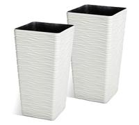 JonesHouseDeco White Tall Tree Planter 2-Pcs Square Tall Plant 55cm Tall Tapered Pot Wave Planters for Indoor Outdoor Modern Wavy Finish Deco Flower Pots Front Door Planters for Porch Containers