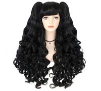 JoneTing Black Ponytail Wig with Hair Cap: Black Curly Wig for Women Long Curly Black Wig with Clip On Ponytail for Halloween Princess Costume Adult Hair