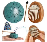 Jongdari Mini Rain Drum and Mini Kalimba Thumb Piano, 2pcs Mini Musical Instruments 8 Key Exquisite Finger Thumb Piano and 3 Inch 6 Notes Metal Steel Tongue Drum for Adult Beginners (Green)