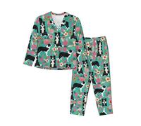 JONGYA Border Collie Florals Printed Women'S Long Sleeved Pajama Set, Comfortable And Fashionable Casual Pajamas Black