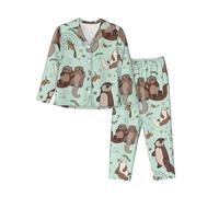 JONGYA Cartoon Cute Otter Printed Women'S Long Sleeved Pajama Set, Comfortable And Fashionable Casual Pajamas Black