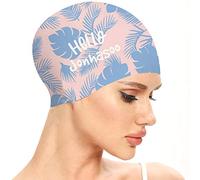 Jonhasoo Swim Cap Women, Silicone Swimming Cap for Long Hair with Flower Printed (Blue Leaf)