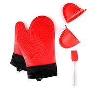 Jonhen Heat Resistant Silicone Oven Gloves Non-Slip with Cotton Lining for Kitchen Baking - Oven Mitts 1 Pair, Bonus Brush & Pot Holder (red)