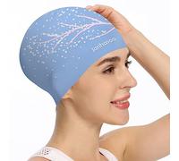 Jonhosoo Silicone Swim Cap for Women, Waterproof Long Hair Swimming Caps with Flower Printed (Blue Leaf)
