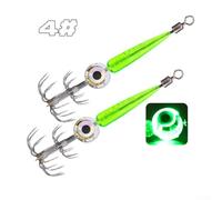 Jonikuper 2Pcs LED Glow Squid Jig Hooks ABS Luminous Fishing Lures with Reflective Beads for Night Fishing Squid Cuttlefish Octopus, Green and Pink Yellow, Size 9.5cm 4# and 7.5cm 5#(4# Green)