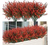 Jonikuper Artificial Flowers for Outdoor & Garden Decor - 12 Bundles Faux Shrubs Plants, UV-Resistant Plastic Floral Arrangement, 13.8 in Tall, All-Season Home(Red)