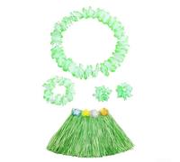 Jonikuper Hawaiian Leis Hula Grass Skirt Set, Hawaiian Grass Hula Lei Skirt Flower Wristband Garland Crown for Kids and Adults(Green)