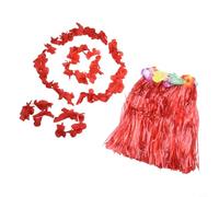 Jonikuper Kids Hawaiian Luau Costume Set with Flower Garland Lei, Grass Skirt and Wristbands for Beach Parties and Festivals in Multiple Colors(Red)