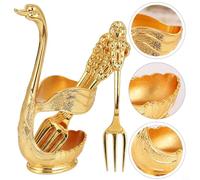 Jonikuper Swan Spoon and Fork Set 6-Piece, Zinc Alloy Dessert Cutlery with Holder, Golden White and Silver White, Retro Style for Home Dining Decoration(B)