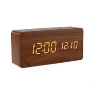 Jonikuper Wooden Digital Alarm Clock with Big LED Screen Displaying Time Date Temperature, Dual Alarm and Snooze, for Bedroom Office Home Decoration(Brown)