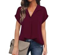 jonivey Women's Bat Wing V Neck Short Sleeve Chiffon Blouses for Office Work Business Attire Collared Casual Summer Shirts, Wine Red, S