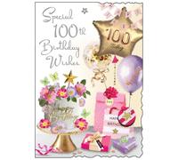 Jonny Javelin 100th Birthday Card for Women - Age 100 Lovely Cake & Balloons Design - Embossed Silver Foil Finish - Premium Greeting Card with Envelope