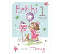 Jonny Javelin 1st Birthday Card for Girls - Cute Cake, Balloon and Teddy Design - Foil and Flitter Finish - Age 1 Birthday Greeting Card for Her