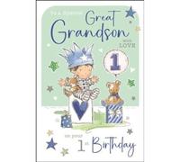 Jonny Javelin 1st Birthday Card for Great Grandson - Cute Crown, Teddies and Balloon Design - Foil and Flitter Finish - Age 1 Birthday Card