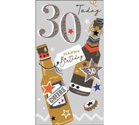 Jonny Javelin 30th Birthday Card for Men - Age 30 Beer Bottles and Stars Design - Embossed Gold Foil and Black Flitter Details - Happy Birthday Milestone Greeting Card with Envelope for Him