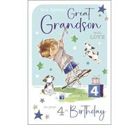 Jonny Javelin 4th Birthday Card for Great Grandson - Cute Rope Swing and Puppies Design - Foil and Flitter Finish - Age 4 Card