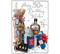 Jonny Javelin 50th Birthday Card - Age 50 Hip Flask Whisky Silver Foil 9"x6.25"
