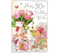 Jonny Javelin 50th Birthday Card for Women - Age 50 Lovely Floral Design - Embossed Silver Foil Finish - Premium Greeting Card with Envelope