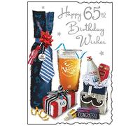 Jonny Javelin 65th Birthday Card - Bottle and Presents with Silver Foil 9"x6.25"