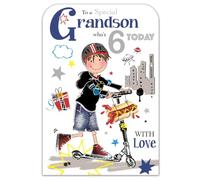 Jonny Javelin 6th Birthday Card for a Special Grandson, Boy & Scooter | Embossed Foil & Flitter Finish, Illustrated Insert, Made in the UK