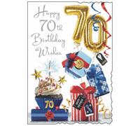 Jonny Javelin 70th Birthday Card for Men - Age 70 Attractive Cake & Balloons - Embossed Silver Foil Finish - Premium Greeting Card with Envelope