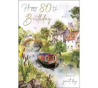 Jonny Javelin 80th Birthday Card for Men - Scenic Countryside Canal Design - Foil Finish - Age 80 Card - Eightieth Birthday Greeting Card