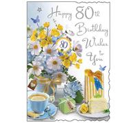 Jonny Javelin 80th Birthday Card for Women - Age 80 Lovely Floral Design - Embossed Silver Foil Finish - Premium Greeting Card with Envelope