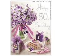 Jonny Javelin Birthday Card (JJ4078) Female 80th Birthday - Purple Flowers and Cake - Foil Embossed Finish