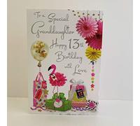 Jonny Javelin 'Age 13' Birthday Greeting Card - 'Special Granddaughter' - Pink Flamingo, Balloons and Gifts - With a Silver Foil Finish and Die Cut Edging