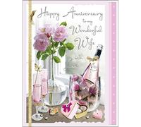 Jonny Javelin Artistic Anniversary Wishes Greeting Card - 'To My Wonderful Wife' - Champagne and Truffles Design - Ribbon Embellishment and Leaf Insert