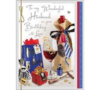 Jonny Javelin Artistic Birthday Greeting Card - 'Wonderful Husband' - Gifts and Red Wine Design - Ribbon Embellishment and Leaf Insert