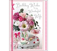 Jonny Javelin Artistic Birthday Greeting Card - 'Wonderful Wife' - Flowers, Cupcake and a Cocktail - Ribbon Embellishment and Leaf Insert
