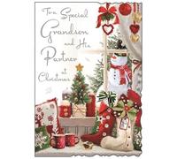 Jonny Javelin Artistic Christmas Greeting Card - Grandson and His Partner - Festive Window & Snowman Illustration - From The Velvet Range - With A Silver Foil And Red Flitter Finish
