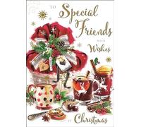 Jonny Javelin Artistic Christmas Greeting Card - Special Friends - Mulled Wine & Panettone Illustration - From The Mistletoe Range - With A Gold Foil And Red Flitter Finish