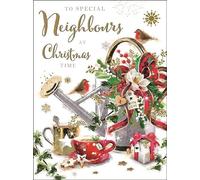 Jonny Javelin Artistic Christmas Greeting Card - Special Neighbours - Festive Watering Can & Robin Illustration - From The Mistletoe Range - With A Gold Foil And Red Flitter Finish